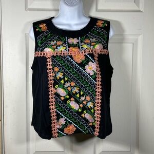 Floral Embroidered Black Tank Top